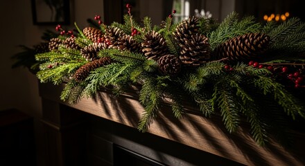 Charming festive evergreen garland with pinecones and red berries ready for cozy winter holiday decor