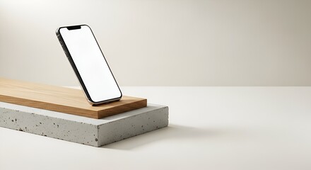 Modern Smartphone Displayed on Concrete and Wood Blocks with Clean Background