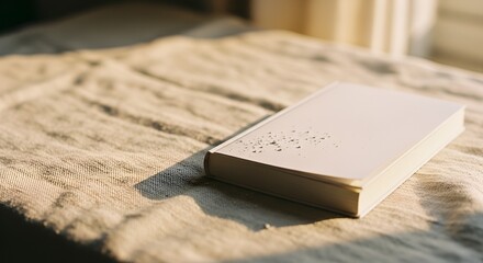 A Book Resting on Linen with Dust, Bathed in Soft Sunlight