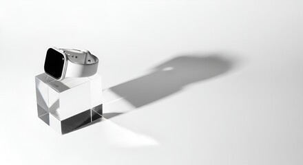 Minimalist Smartwatch on Crystal Cube with Long Shadow on White Background