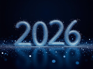 2026 text made of sparkling blue glitter particles on a dark background. New Year's Eve, future, and celebration concept