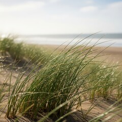Serene beach landscape with vibrant green dune grass glistening in the morning sunlight