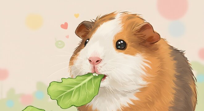 A guinea pig with brown and white fur eats a green leaf against a backdrop of light colors and shapes