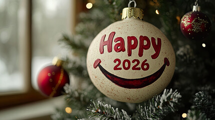Decorative Christmas ornament with Happy 2026 message hanging on snowy tree background .Generated with AI