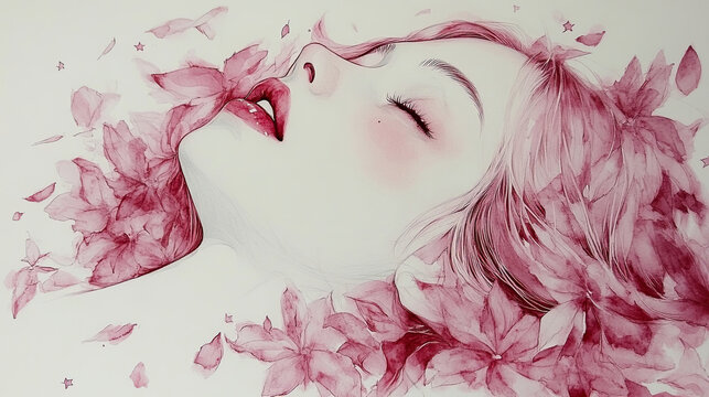 Artistic portrait of a woman surrounded by pink flowers with serene and romantic expression .Generated with AI