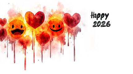 Happy faces and hearts in warm tones over white background with cheerful message .Generated with AI