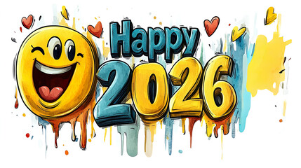 Happy 2026 text in colorful typography among hearts and smiling faces in illustration style .Generated with AI