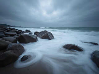 Dramatic rocky coastline at dusk with silky water effect on large dark boulders and stormy sky. Long exposure seascape creating a moody atmosphere.