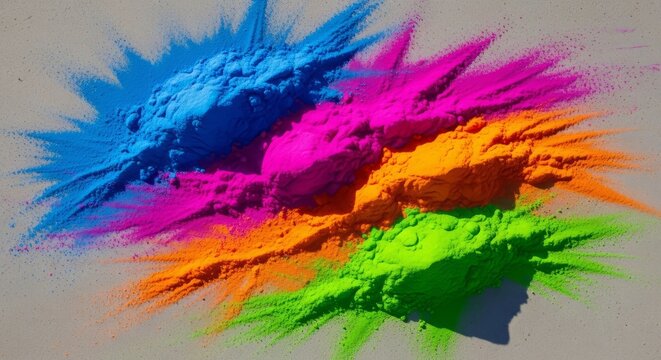 Vibrant Holi powder explosion in bright neon colors, celebrating festive joy and dynamic motion