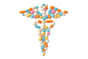 Caduceus symbol forming from colorful pills, representing healthcare, medicine, and pharmaceutical treatment on transparent background