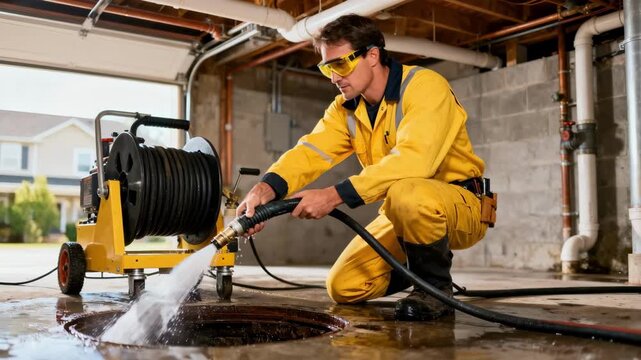 Medium shot of a technician performing hydrojetting on residential plumbing using highpressure water to clear stubborn clogs and restore pipe flow efficiently.