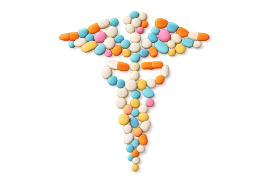 Caduceus symbol forming from colorful pills, representing healthcare, medicine, and pharmaceutical treatment on transparent background