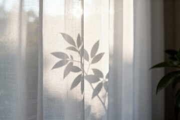 Minimal atmospheric shot of morning sunlight casting delicate plant shadows on sheer white curtains. Perfect for lifestyle, calmness, interior design, and background use.