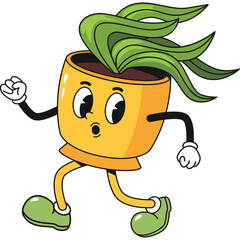 Cartoon Plant Pot Character with Green Leaves Running with Surprise Expression and Wearing Green Shoes