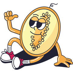 Anthropomorphic Cantaloupe Character Relaxing With A Groovy Vibe And A Playful Pose On A White Background