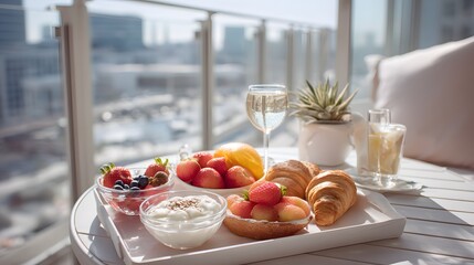 Tray of food with a glass of wine and a potted plant on a table. The food includes fruit, bread, and yogurt. The scene is set in a city with a view of the skyline