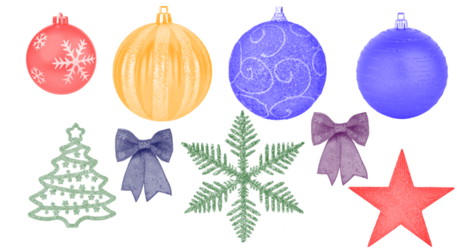 Colorful christmas ornaments and decorations arranged scene on transparent background