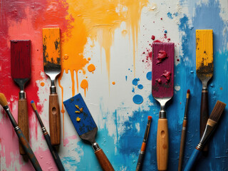 Vibrant artistic composition with palette knives and brushes on a textured acrylic paint background