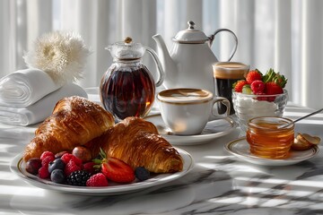 Table with a variety of food and drinks, including croissants, coffee, and fruit