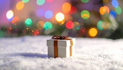 Gift Box on Snow with Holiday Lights