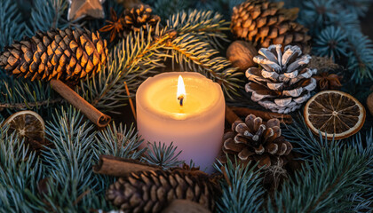 Festive Candle with Evergreen Surroundings