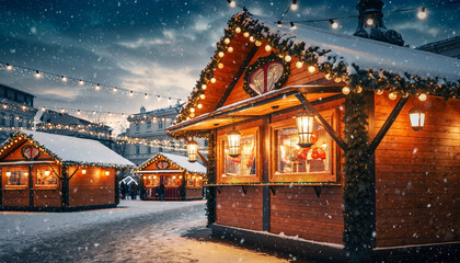 Holiday Market Stands at Night