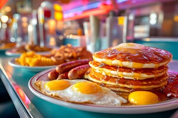 Stack of pancakes with sausage and eggs on a plate. The plate is on a table with other plates of food