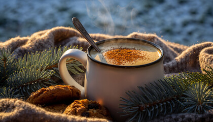 Hot Chocolate with Cinnamon in Winter Setting