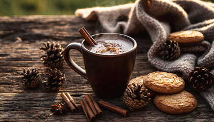 Hot Chocolate with Cinnamon in Winter Setting
