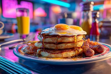 Stack of pancakes with syrup and eggs on top of a plate. The plate is on a table in a diner