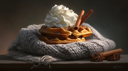 Waffle covered in whipped cream and cinnamon sticks sits on a table next to a cozy blanket
