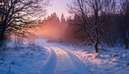 Snowy Forest Path at Sunrise