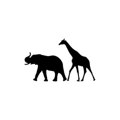 An image showing the black silhouettes of an elephant and a giraffe walking on a white background