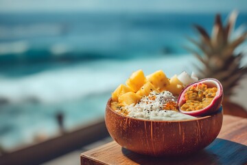 Bowl of food with a pineapple on top and a view of the ocean in the background. The bowl is made of wood and has a lid
