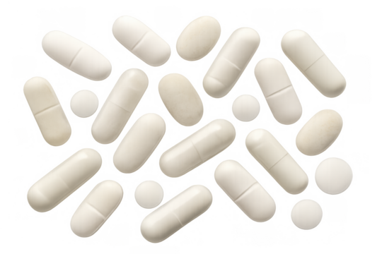 White medicine pills and capsules floating, representing healthcare, pharmacy, treatment, and pharmaceutical science - Powered by Adobe