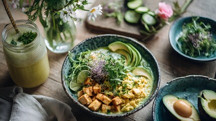 Bowl of food with avocado, chicken, and other ingredients sits on a table next to a glass of juice