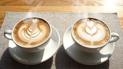 Two beautiful cups of steaming hot latte with intricate fern and heart latte art on a wooden table perfect for a cozy morning coffee break in a sunlit cafe - Powered by Adobe