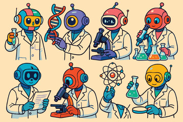 A collection of adorable, stylized robots engaged in various scientific activities, holding beakers, microscopes, and DNA models.