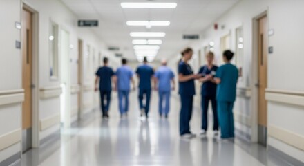 Blurry view of a bright hospital hallway with a team of healthcare workers in blue scrubs walking and talking, suggesting collaboration and movement.