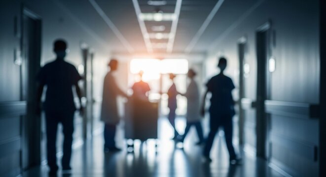 Silhouette of an emergency medical team moving a patient on a gurney through a dark hospital hallway, backlit by a bright doorway.