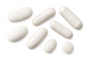 White medicine pills and capsules scattered, representing healthcare, pharmacy, and medication on transparent background