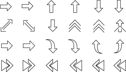 Arrow icons grid, direction symbols, curved arrows, straight arrows, chevrons, navigation pointers, black vector, UI design, movement indicators, interface