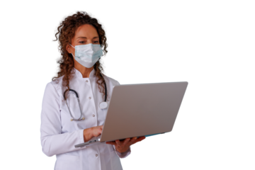 Medical professional wearing a protective mask and stethoscope, actively typing on a silver laptop. Transparent background