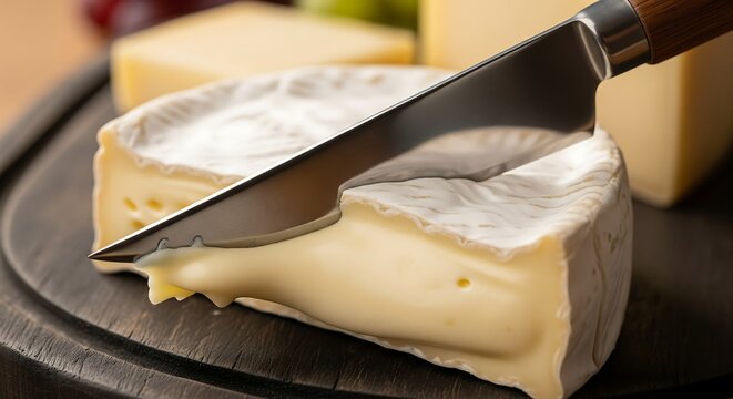 Macro view of cheese knife cutting creamy brie, softly blurred background - Powered by Adobe