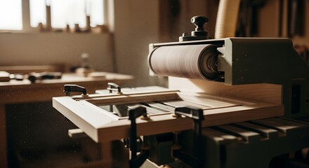 Sanding Wood Frame Using Industrial Belt Sander in Workshop