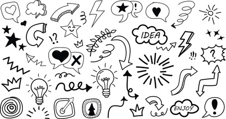 Collection of hand drawn doodle icons and symbols representing ideas creativity and communication