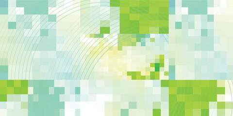 Abstract background with a green and teal pixelated mosaic pattern and faint concentric circles.