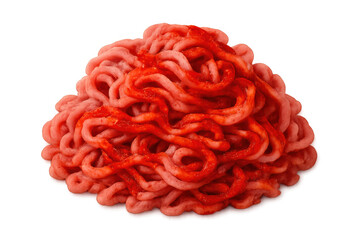 Raw ground meat forming a spiral mound, cooking ingredient for preparing delicious meals, transparent background