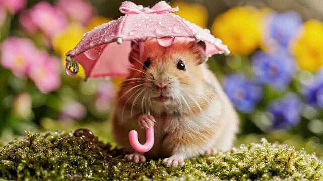 Hamster with pink umbrella on a bed of green moss and flowers