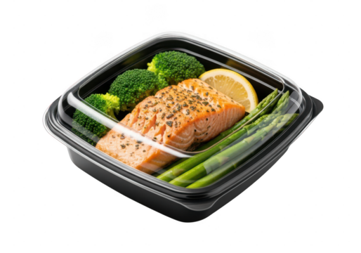 Grilled salmon with broccoli and asparagus in a black plastic container. Healthy food in a takeaway container isolated on a transparent background